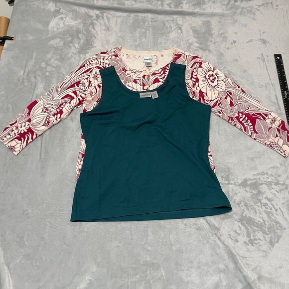 Chicos Tops Womens 2 Large Red Green Floral Silk Nylon Buttons Lot of 2 - Picture 1 of 13